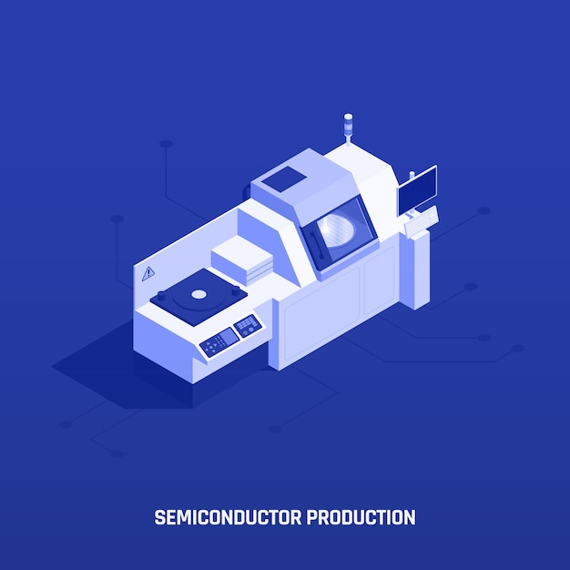 Composición isométrica de producción de chips semiconductores con imagen de estación de trabajo con aparatos electrónicos e ilustración de vector de texto editable