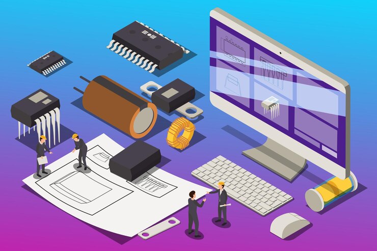 Vector composición isométrica de producción de elementos semiconductores con computadora del lugar de trabajo del proyecto y pequeños trabajadores con chips de silicio