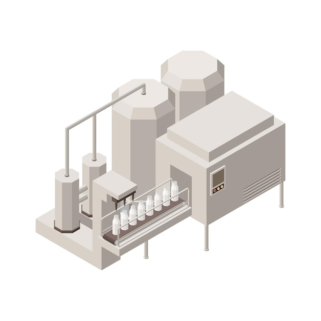 Composición isométrica de producción de leche con imagen aislada de instalación industrial en ilustración de vector de fondo en blanco