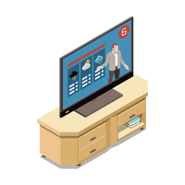 Vector composición isométrica del pronóstico del tiempo de meteorología con imagen de televisor con pronóstico del tiempo e ilustración de host