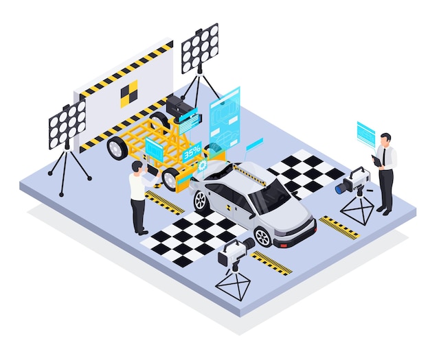 Composición isométrica de seguridad del automóvil de prueba de choque con vista de la pista de prueba con trabajadores e ilustración de vector de datos holográficos