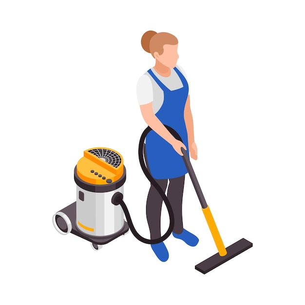 Composición isométrica del servicio de limpieza profesional con carácter de mujer con aspiradora en la ilustración de vector de fondo en blanco