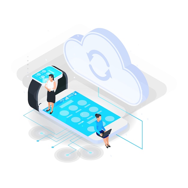 Composición isométrica de servicios en la nube con íconos de dispositivos electrónicos con ícono de sincronización en la nube e ilustración vectorial de personajes humanos