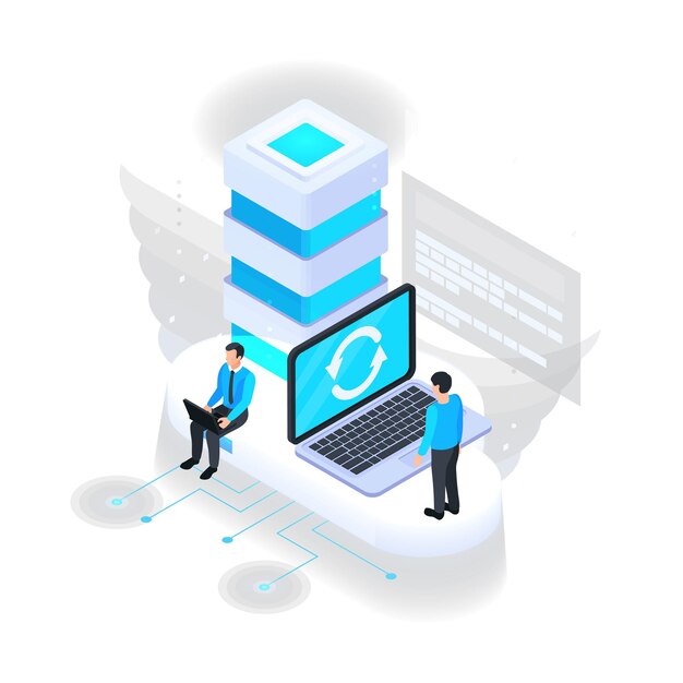 Composición isométrica de servicios en la nube con íconos de rack de servidor con ícono de sincronización de computadora portátil y caracteres de ilustración vectorial de usuarios