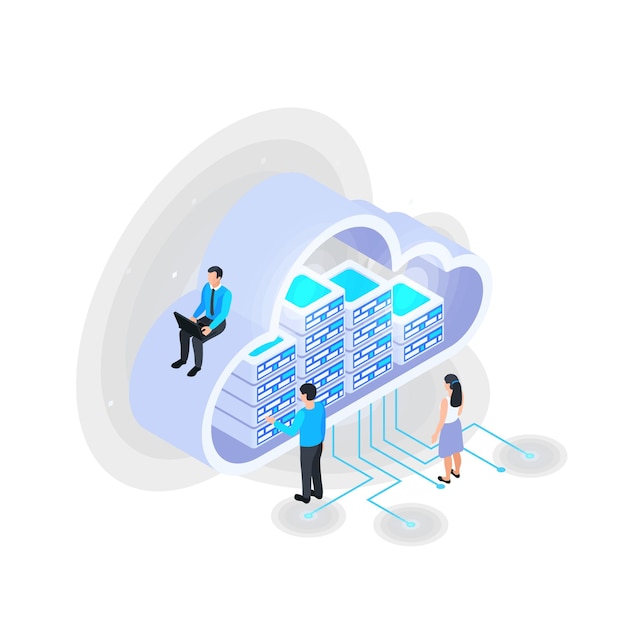 Composición isométrica de servicios en la nube con iconos de racks de servidores dentro de una gran nube con ilustraciones de vectores de personajes humanos