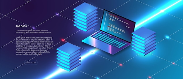 Composición isométrica de servicios en la nube. sistemas de inteligencia empresarial de almacenamiento de análisis de datos grandes fondo isométrico de alta tecnología moderno conectado con líneas discontinuas. estación del futuro, rack de sala de servidores.