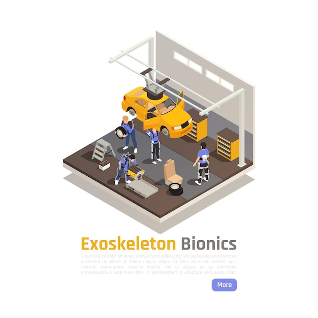 Composición isométrica del taller moderno con trabajadores con trajes de exoesqueleto dedicados al ensamblaje o reparación de automóviles