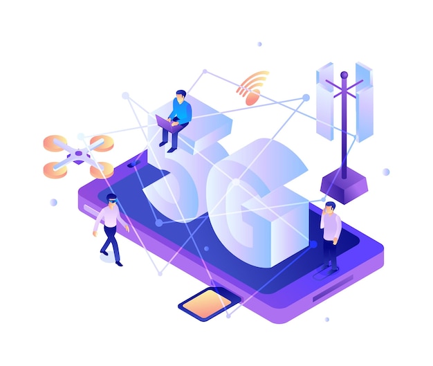 Composición isométrica de tecnología de Internet 5g con iconos de drones voladores de antena de teléfono inteligente y líneas de conexión con ilustración vectorial de personas