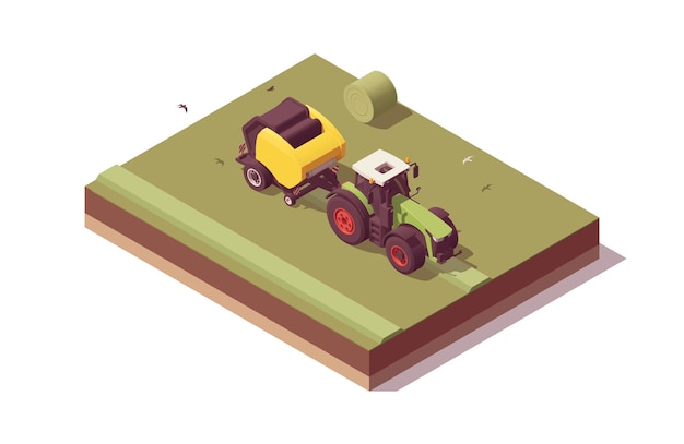 Composición isométrica del tractor Tractor verde polivinílico bajo aislado con empacadora redonda amarilla Empacando heno Ilustrador vectorial