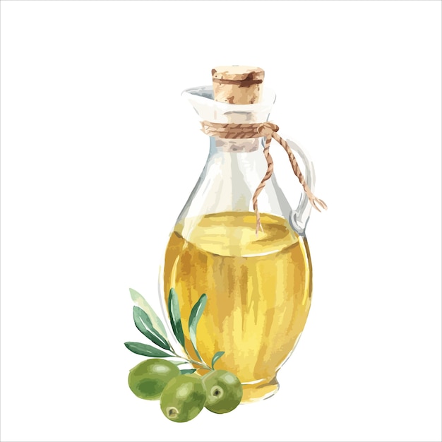 Composición de jarra de vidrio con aceite y rama de oliva con aceitunas verdes acuarela dibujada a mano