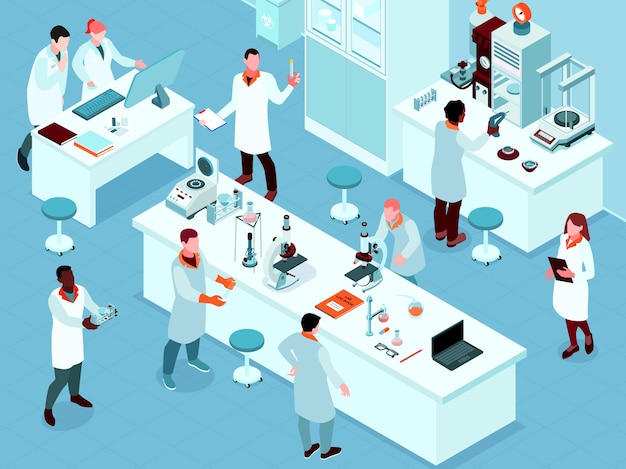 Composición de laboratorio de ciencia coloreada e isométrica con un grupo de científicos en la ilustración del lugar de trabajo