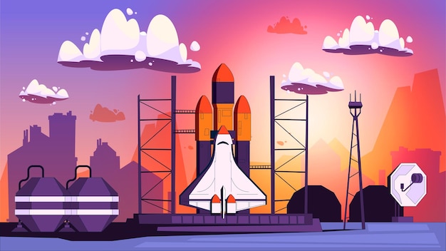 Composición de lanzamiento de cohetes espaciales Transbordador espacial de dibujos animados con tripulación y cohete de carga Fondo del concepto de exploración espacial Ilustración vectorial