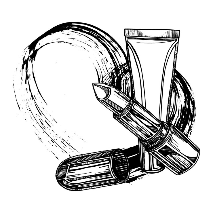 Vector composición de lápiz labial brillo de labios con una gorra ilustración de vector de gráficos dibujados a mano en blanco y negro