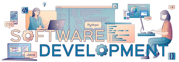 Composición de línea plana de desarrollo de software con iconos de texto y engranajes programadoras femeninas con computadoras portátiles e ilustración de vectores de código