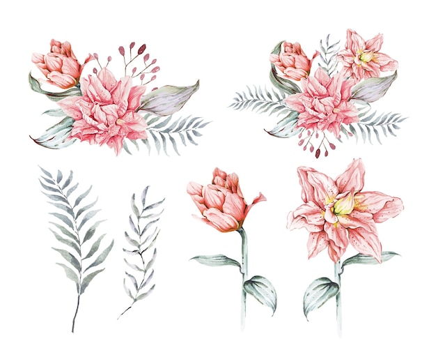 Composición lirio rosa con hojas de eucalipto con acuarela para boda y tarjeta de invitación