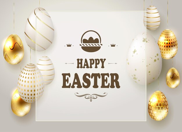 Composición de luz de Pascua con huevos en colgantes y un marco transparente con texto, postal.