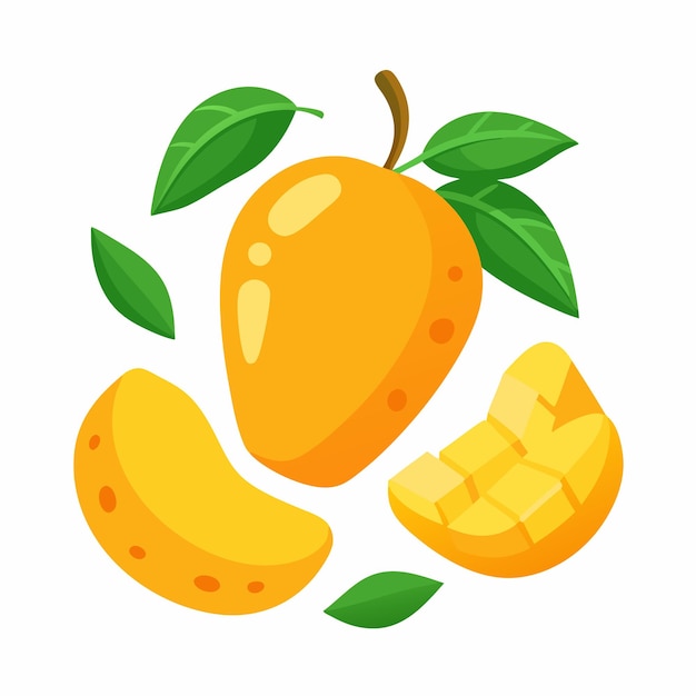 Composición de mango con hojas Conjunto de dulces cubos enteros de frutas tropicales Vector de vitaminas 9 de verano