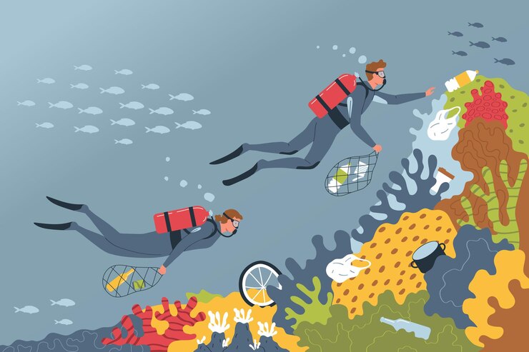 Vector composición del mar de contaminación ecológica con paisajes del fondo del océano con montones de basura y dos colectores de buceo ilustración vectorial