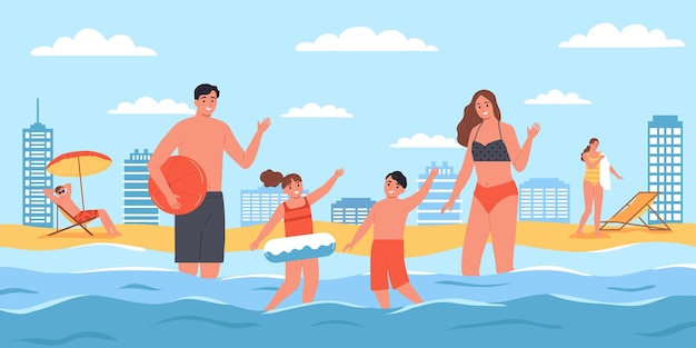 Composición marina familiar con paisaje costero al aire libre con playa de paisaje urbano y personajes humanos de pie en la ilustración de vector de agua