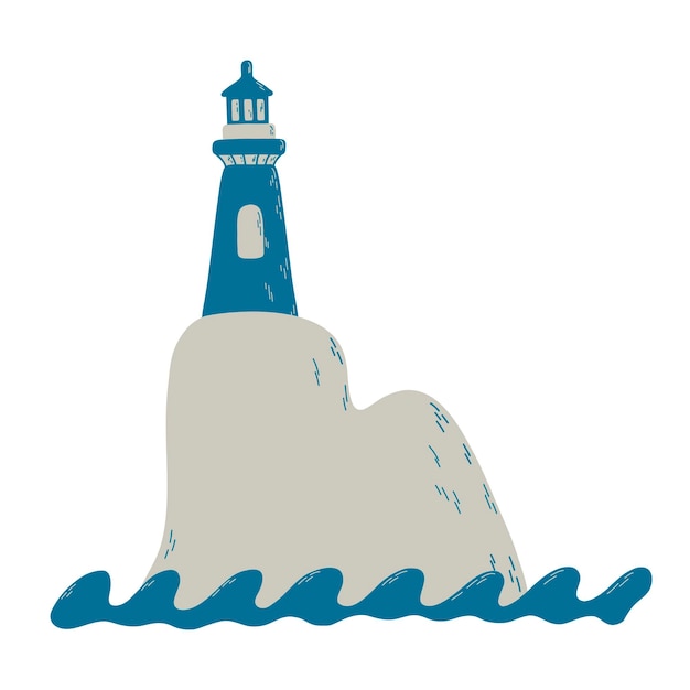 Composición marina con faro, piedras y olas en un estilo plano vectorial