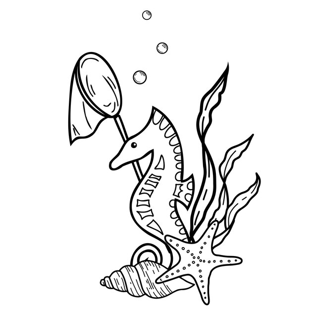 Composición marina de lindos caballitos de mar algas estrellas de mar conchas y redes de pesca dibujado a mano ilustración aislada vectorial boceto gráfico de verano del mar