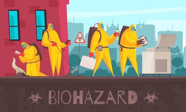 Composición de microbiología con texto y paisaje urbano con personajes humanos en trajes de riesgo biológico que hacen ciertas observaciones ilustración