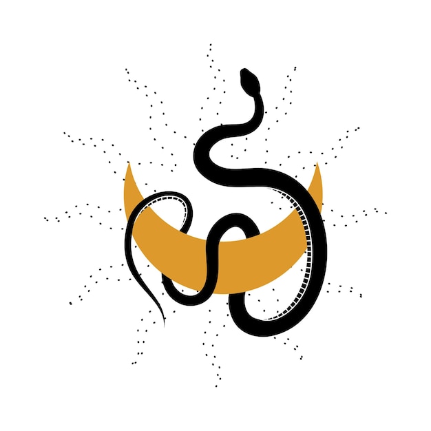 Composición mística con serpenteante serpiente negra luna creciente dorada y sol Estilo bohemio esoterismo Ilustración mágica