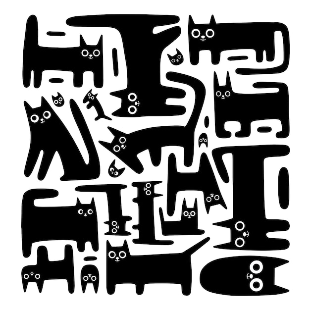 Composición de mosaico con gatos simpáticos y divertidos juego de gatitos negros estilo de dibujos animados Ilustración vectorial moderna de moda aislada en fondo blanco diseño plano dibujado a mano