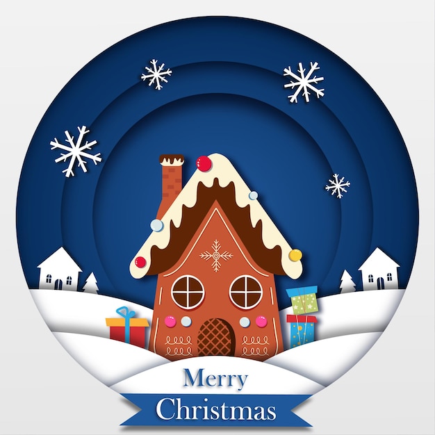Composición de Navidad con casa de pan de jengibre en estilo de papel Ilustración vectorial