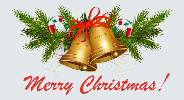 Composición de Navidad elemento aislado guirnalda de coníferas con campanas doradas