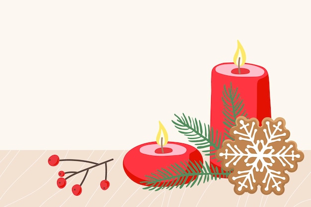 Vector composición de navidad o año nuevo velas rojas festivas ramitas de abeto frutos rojos pan de jengibre