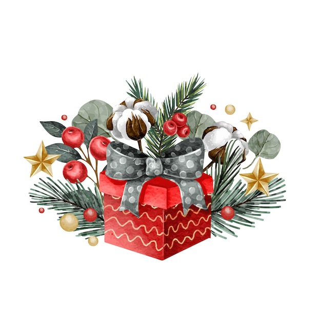 Composición navideña de acuarela vectorial con gran regalo y un arco con elementos de la naturaleza y estrellas