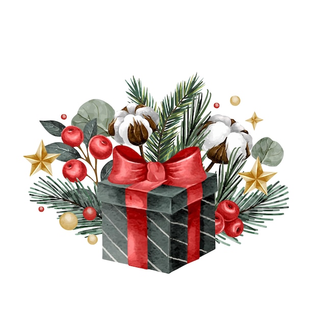 Composición navideña de acuarela vectorial con gran regalo y un arco con elementos de la naturaleza y estrellas