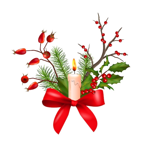 Composición navideña con adornos, lazo y una vela.
