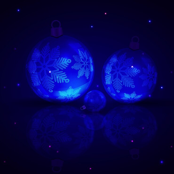 Vector composición navideña azul oscuro con bolas y elegantes copos de nieve.