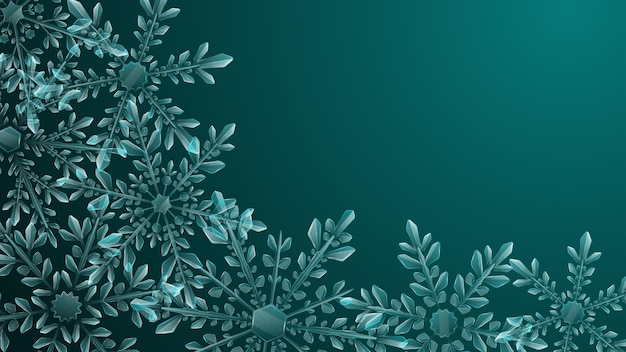 Composición navideña de grandes copos de nieve transparentes complejos en colores azul claro sobre fondo degradado oscuro. Transparencia solo en formato vectorial