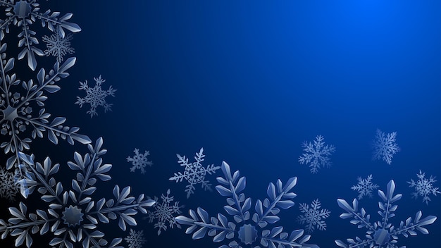 Composición navideña de grandes copos de nieve transparentes complejos en colores azul claro sobre fondo degradado oscuro. Transparencia solo en formato vectorial