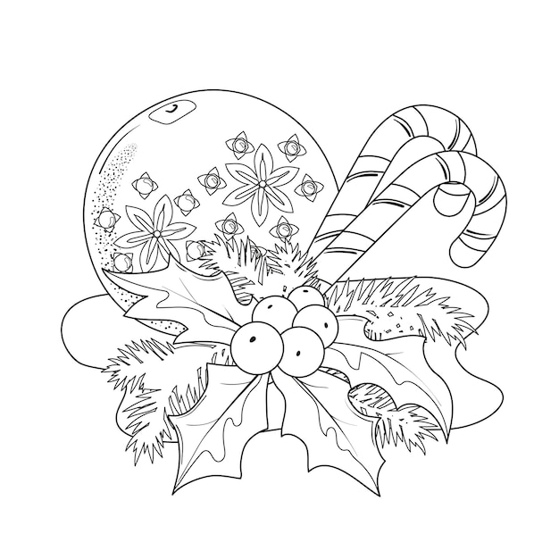 Composición navideña de naranja con clavel, acebo y bastón de caramelo. Libro de colorear.