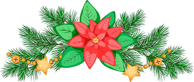 Vector composición navideña con ramas de abeto poinsettia y guirnalda dorada