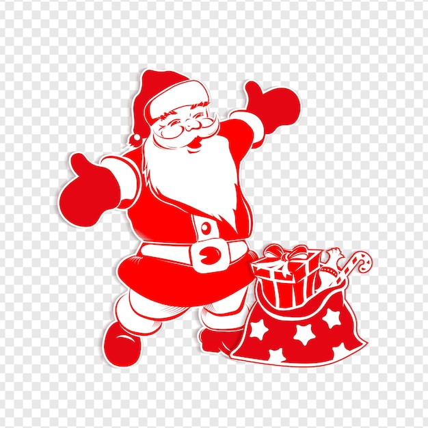 Vector composición navideña con silueta blanca roja de papá noel con los brazos separados y una bolsa con regalos