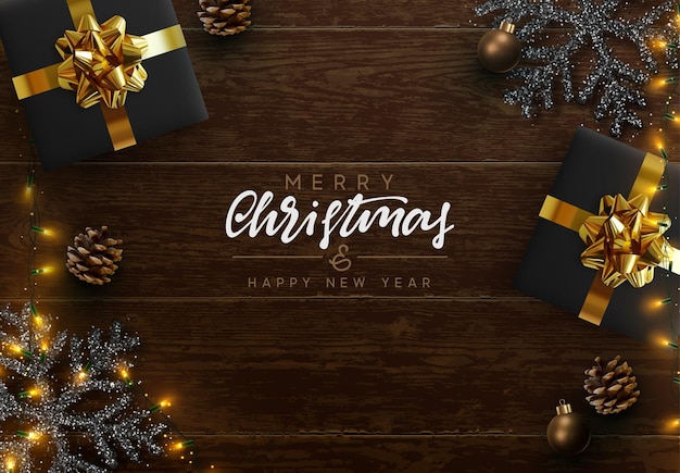 Composición navideña sobre fondo de madera. Diseño de decoración de Navidad, caja de regalo, copo de nieve color negro, guirnalda de luz dorada, cono de pino. Textura de madera marrón realista. Endecha plana, vista superior.