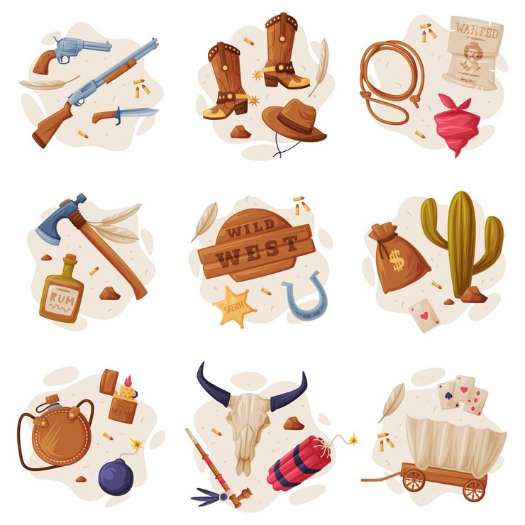 Vector composición de objetos del salvaje oeste con botas, arma, hacha, lazo, carro y conjunto vectorial de calavera