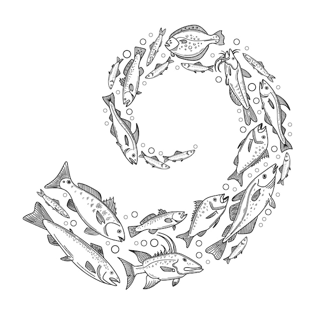 Composición de la ola de peces bandada decorativa de peces ilustración vectorial de la escuela de peces