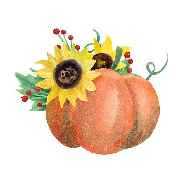 Composición otoñal de acuarela con calabaza y girasoles