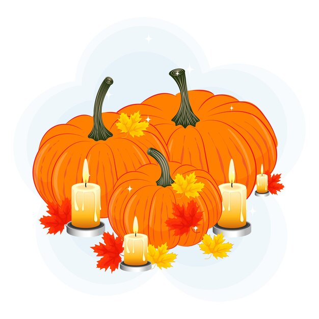 Composición otoñal de calabazas, velas y hojas de arce, ilustración vectorial impresa