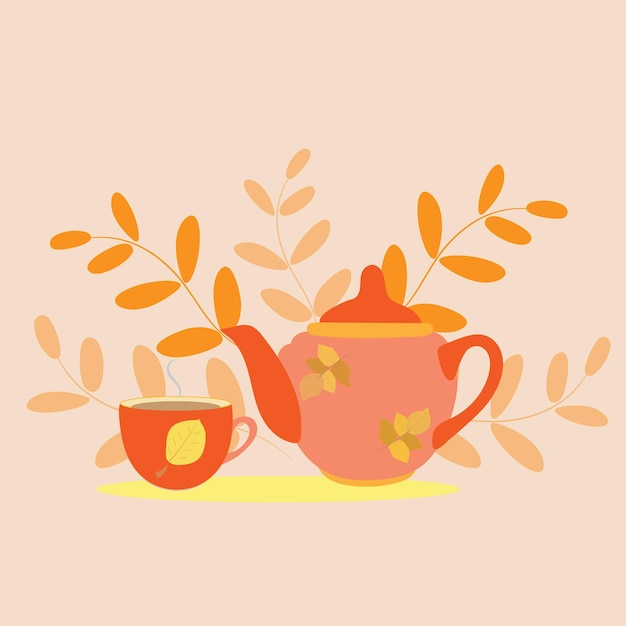 Composición otoñal tetera naranja con una taza de té, hojas en el fondo.