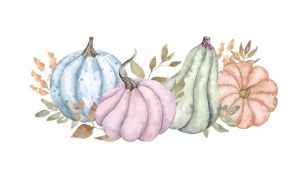 Composición de otoño acuarela con calabazas azules rosas naranjas y verdes
