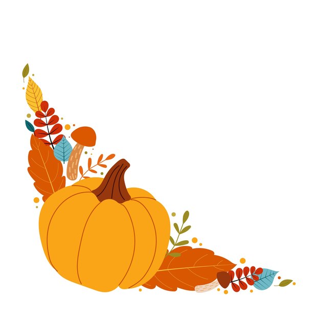 Composición de otoño con calabaza y hojas y setas Marco de otoño Ilustración vectorial aislada