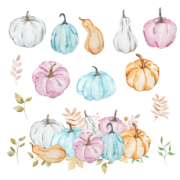 Composición de otoño de calabazas de acuarela y flores de colores pastel