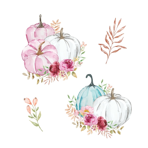 Composición de otoño de calabazas de acuarela y flores de colores pastel
